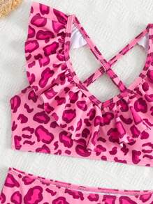 Tween Girl Cute Pink Leopard Print Ruffle Heart Neck Criss-Cross 2 Pieces Swimsuit, Spring/Summer Beach Vacation - Multicolor - View 3