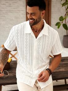 ResortEase Camisa de manga corta casual holgada y con estampado calado para hombres de talla grande