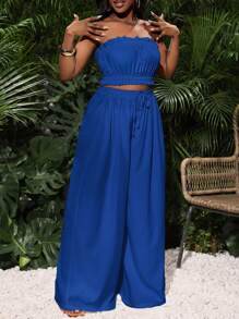 Slaydiva Size Frill Trim Tube Top And Elastic Waist Wide Leg Pants For Summer Leisure