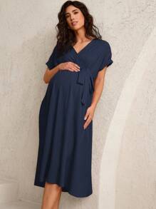 MaterniWear Solid Color Maternity V-Neck Batwing Sleeve Elegant Dress - Navy Blue - View 6