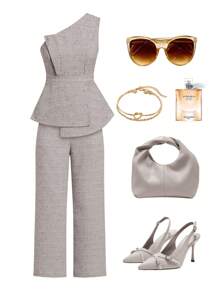 Ellevyn Women Apricot Textured Fabric Asymmetrical Shoulder Top + Straight Leg Pants 2 Pieces Set, Summer Teacher Outfits Pieces Set, Business Casual Woman Linen Set, For Going Out - Light Grey - View 1