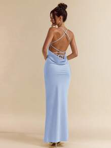 SHEIN BAE فستان أنيق طويل من الساتان بحمالات رفيعة وقصة ظهر مفتوحة، بلون أبيض و بيج فاتح، قصة غطاء الصدر على شكل حرف V عميق، مناسب لحفلات الربيع والصيف، فستان سهرة أنيق، فستان عطلة، فستان وصيفات العروس، فستان حفلة عيد ميلاد، فستان تخرج، فستان أبيض - أزرق فاتح اللون - مشاهدة 4