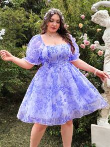 Lyrianda Plus Size Romantic Square Collar Waist Flared A-Line Dress - Multicolor - View 3