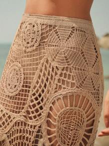 Anewsta 女士假日优雅海滨不对称下摆镂空透视 A 字长裙罩衫，适合春季、夏季、节日、毕业典礼 - 杏色 - 查看 2