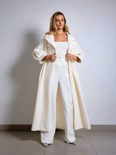 EURMUSE Enfärgad dubbelknäppt Elegant Lantern Sleeve Long Sleeve Woolen Coat