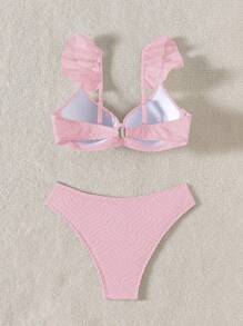 Swim Basics 纯色纹理面料吊带女式比基尼套装，沙滩装 - 粉色 - 查看 7