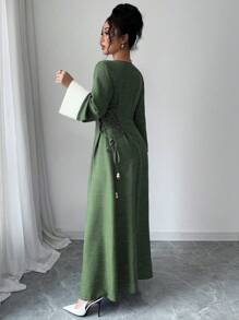 Yasmyna Women's Woven Long Sleeve Two-Tone Lace-Up Waist Open Abaya Robe, Modest - Green - View 5