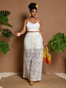 Maweii 大码女式波西米亚风格度假休闲优雅松紧腰镂空宽松阔腿裤