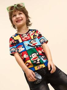 Paul Frank X SHEIN Camiseta de manga corta de verano fresca con estampado de mono de dibujos animados colorido por todas partes para niños pequeños
