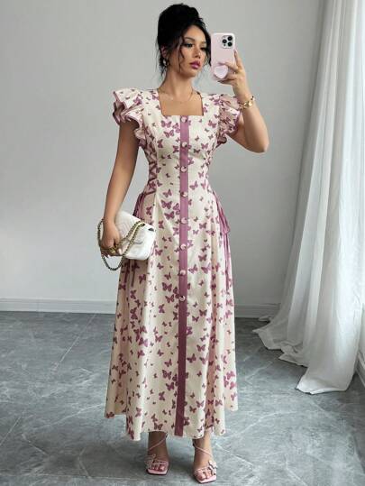 Modelyn 女式编织蝴蝶印花撞色束腰 A 字连衣裙