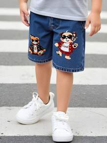 年轻男孩休闲舒适可爱卡通图案印花牛仔短裤，简约
