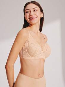 LUVLETTE Soft Woman Lingerie Lounge Curve Sheer Full Coverage Support&Breathable Underwire Sexy Unlined Minimizer Lace Elegance & Mesh Nude Bra Bridal Intimates