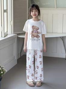 2件套女童可爱卡通蝴蝶结和熊印花圆领短袖T恤和宽松裤子睡衣套装 - 白色 - 查看 2
