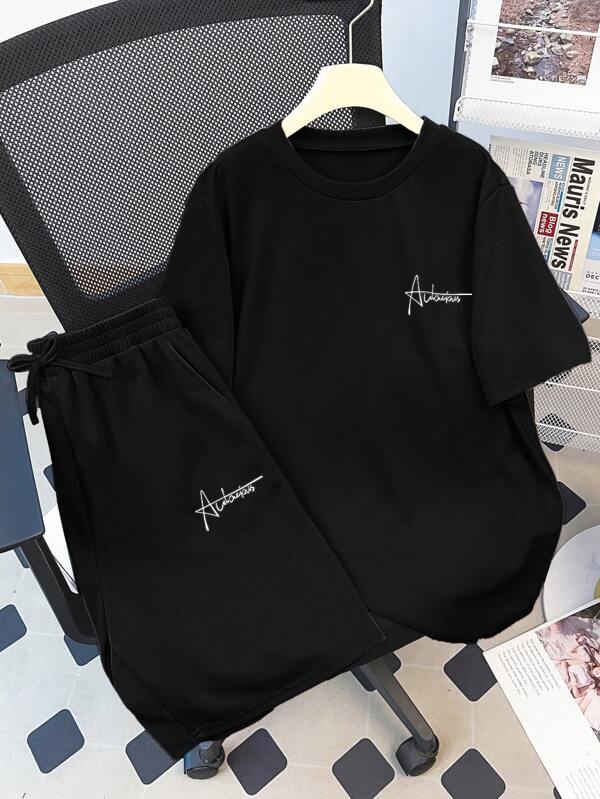 SHEIN 2pcs/Set Teen Boys Casual Comfortable High Cost-Performance Letter Print Short Sleeve T-Shirt And Shorts, Urban Casual Style