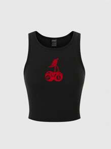 Flirla Women's Y2K Style Cherry Pool 8 Print Black Tank Top, Summer