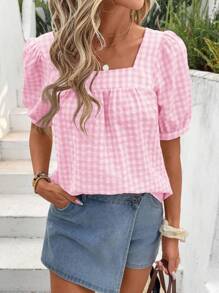 SHEIN LUNE Women's Casual Square Collar Plaid Short Sleeve Blouse, Spring/Summer