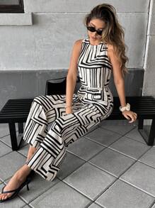 Pariaura 女士时尚条纹花卉印花上衣和裤子套装，休闲夏日海滩风格 - 黑與白 - 查看 6