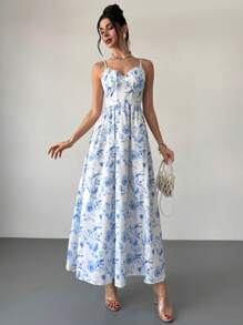 Firerie Women's Summer Vacation Outfit Floral Print Adjustable Spaghetti Strap Elegant Dress For Beach, Outdoor Activities, Holidays, Blue & White - Multicolor - View 6