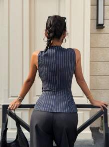 Siren Gaze 1pc Women Summer Cinched Waist Fitted Top With Tie Details, And 1pc Sleeveless Striped Tank Top,Summer Outfits For Women,Office Outfits For Women,Business Casual Woman,Streetwear Women