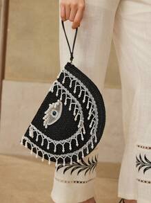 MOTF PREMIUM STRAW WOVEN FAUX PEARL TASSEL CLUTCH BAG - Black - View 7