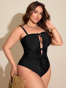 Swim Chiccia Plus Size One-Piece Swimsuit, Solid Color, Simple & Fashionable, Suitable For Summer