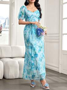 Modelyn 女士节日花卉印花泡泡袖拼布荷叶边下摆优雅连衣裙