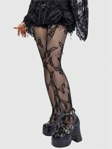ROMWE Goth 1 双哥特式甜美蝴蝶图案渔网紧身裤/长袜，万圣节 - 黑色 - 查看 4