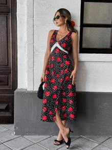 Pariaura Vestido casual de playa y verano para mujer con estampado floral, escote en V, encaje de contraste y sin mangas