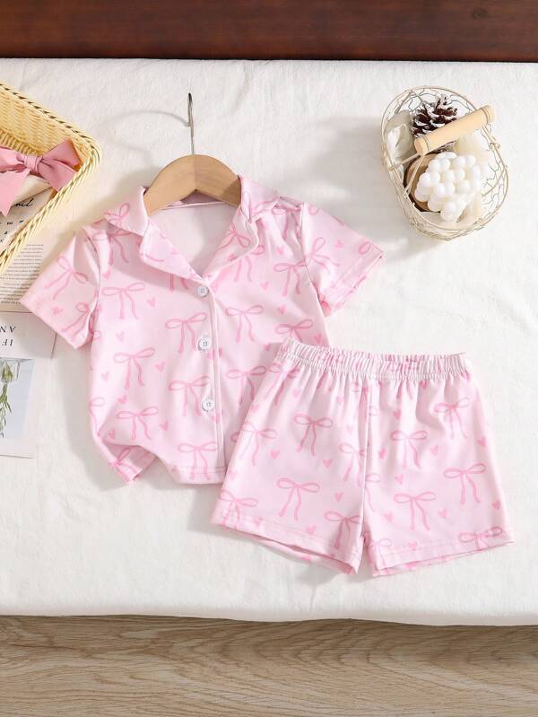 2pcs Baby Girls Summer Pink Cute Bow Print Knit Collar Cardigan & Shorts Pajama Set, Comfy Home Outfit