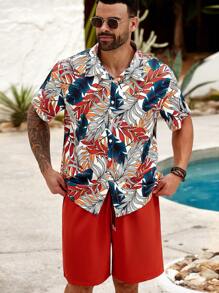ResortEase Set de 2 piezas de camisa de manga corta y pantalones cortos estampado de hojas para hombres de talla grande de verano