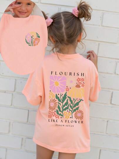 SHEIN Young Girl Casual Fashion Comfortable Floral & Letter Pattern Short Sleeve T-Shirt, Spring/Summer