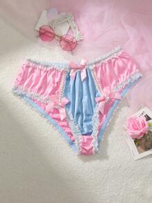 PetitDoll Contrast Color Lace Ruched Trim Bow Cute Sweet Satin Patchwork Women Panties - Pink - View 4