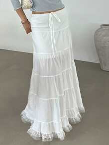 SHEIN x PRISCILA & JIMENA DAZY Fustă lungă și elegantă pentru femei, cu curea, din dantelă, albă, cu volane - alb - Vizualizare 1