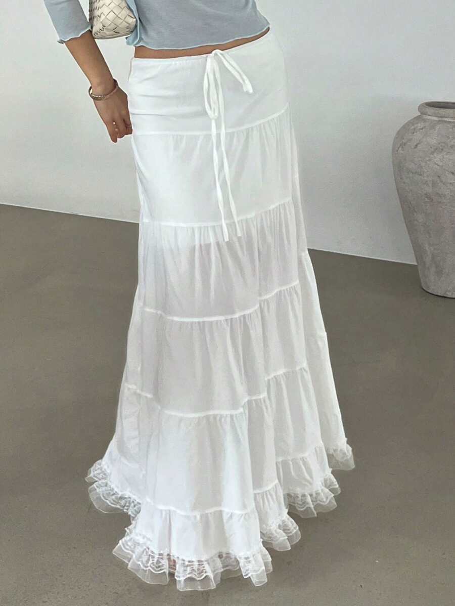 SHEIN x PRISCILA & JIMENA DAZY Fustă lungă și elegantă pentru femei, cu curea, din dantelă, albă, cu volane - alb - Vizualizare 1