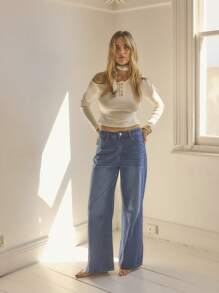 Aralina Snap Placket Asymmetrical Off Shoulder Button Up Ribbed Long Sleeve Top - Apricot - View 7