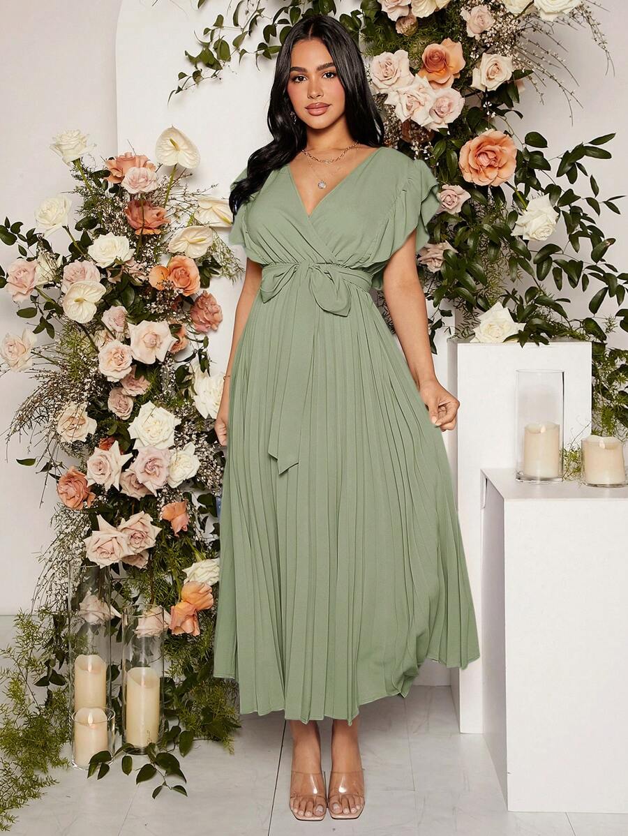 Loomaby Schwangere Frauen Sommer Elegant einfarbig Plissee Rüschen Saum Umstandskleid