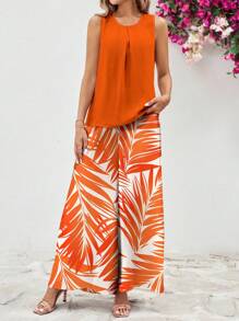 SHEIN Clasi 2pcs/Set Women Orange Printed Pattern Vacation Outfit, Suitable For Summer Summer Outfits For Women Vacation Outfits Woman Classy Outfits For Women Beach Outfits For Woman Summer Outfits For Women Island Vacation Outfits