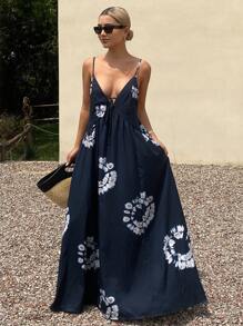 Livesso Tie-Dye Print Spaghetti Strap Dress For Women With Drawstring Vacation Outfits Women Cruise Outfit For Women - Navy Blue - View 7