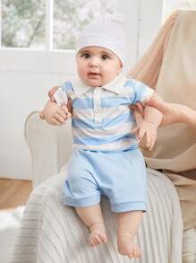 SHEIN 2pcs Newborn Baby Boy/Unisex White & Blue Striped Short Sleeve Polo Shirt And Blue Shorts Outfit Sets, Comfortable Cotton Fabric, Soft And Skin-Friendly, Spring/Summer, 0-3 Months, Suitable For Indoor Or Outdoor Play - Multicolor - View 4
