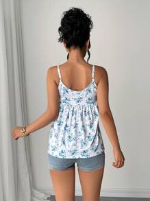 Elenzga Romantic Elegant Blue Ditsy Floral Ruched Camisole - Blue - View 2