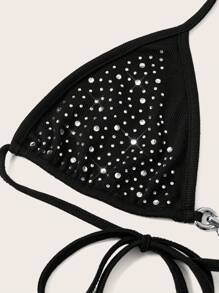 Coolane Women's Black Halter Micro Crop Top: Rhinestone Knitted Camisole With Asymmetrical Hem For A Dazzling Night Out - Black - View 3