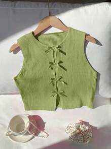 Comfortcana Bowknot Detail Ribbed Knit Sleeveless Hollow Top - Green - View 6