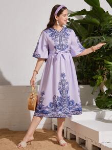 Elegant Print V-Neck Flare Sleeve Cinched Waist Mid-Length Dress For Teen Girls