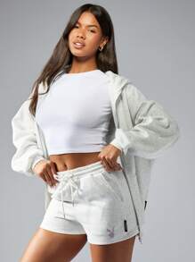 Missguided x Playboy 奢华高腰抽绳运动休闲短裤春夏运动休闲运动散步跑步修身健身健身房运动休闲 - 淺灰色 - 查看 2