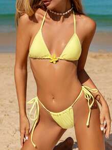 Swim Mod Solid Color Sexy Bikini Set With Lace Trim Triangle Cup, Floral Decor Side Tie Low Waist Ruched Triangle Bottom Swimwear For Summer Beach Vacation - Yellow - View 4