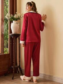 Côtesoire French Retro Elegant Color Block Lace Trim Satin Women Pajama Set