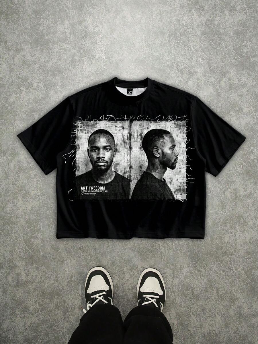Manfinity Roughcore Streetstyle Abstract Art Box Print Loose T-Shirt Men's Cropped Tops - Black - View 1