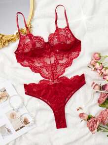 女士蕾丝透视露背吊带背心 - 酒紅色 - 查看 3