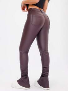 Women's Solid Color High Waist Casual Skinny Pocket Pants Fall Cloth For Women - Brown - View 2