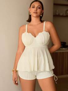 Swim Chiccia 2 件套加大码女式比基尼套装 - 白色贝壳图案短款泳衣上衣和配套短裤，度假泳装 - 米色 - 查看 4